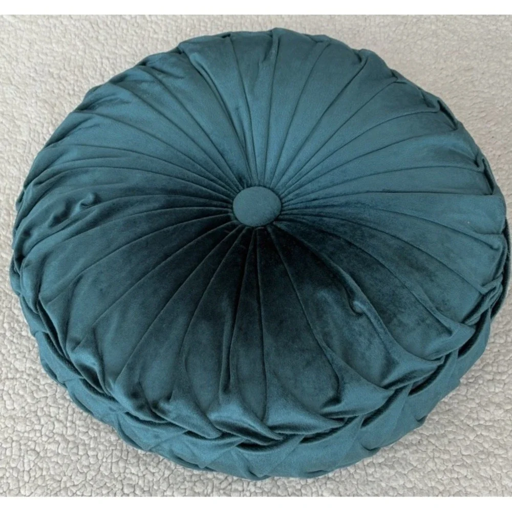 Round Velvet Throw Pillow Pumpkin Teal Blue Green Tufted Pleated Cushion Decor